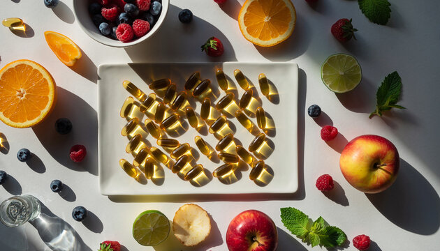 Assorted fruits and nuts arranged on a white surface with a bowl of berries and sliced citrus fruits - Powered by Adobe