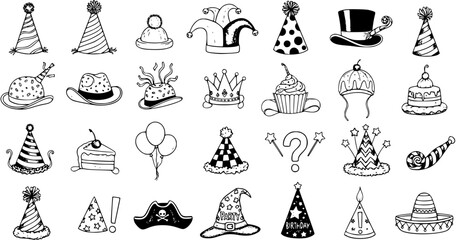 Celebration Party Supplies Black and White Line Art Icon Set. Hand-Drawn Doodle Collection of Birthday Hats, Cakes, Balloons, and Festive Elements for Events and Holidays.
