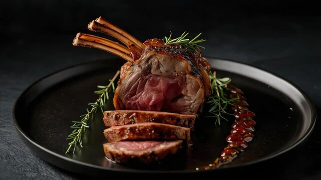 Herb crusted rack of lamb sliced medium rare with rosemary glaze roasted meat lamb chop