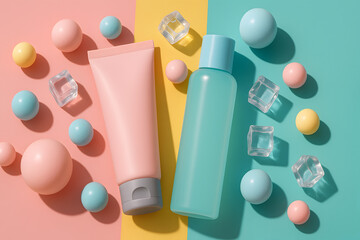 Colorful arrangement of beauty products and pastel balls on multicolored background