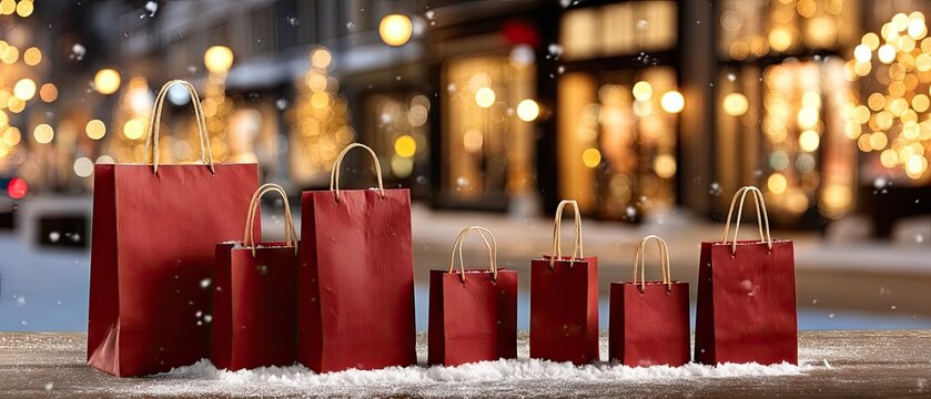 Festive evening city street during winter holiday with snowfall and red shopping bags on ground - Powered by Adobe