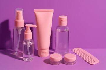 Pink and clear beauty products on purple background with pink caps and lids