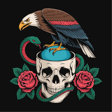 Skull with Open Head and Roses Surrounded by Eagle and Bird.