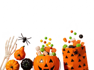 Halloween decorations and candy on a white surface with pumpkins and skeletons isolated on transparent background