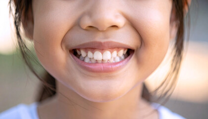 Child healthy smile close up, clean white teeth, pediatric dental health