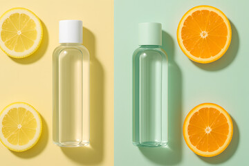 Bottles of clear liquid with lemons and oranges on colored background