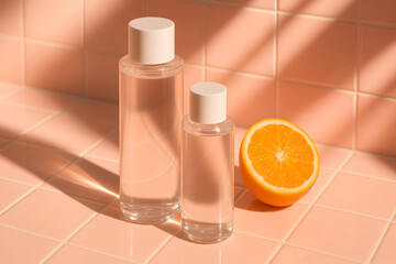 Two clear bottles with white caps on pink tiled surface with orange