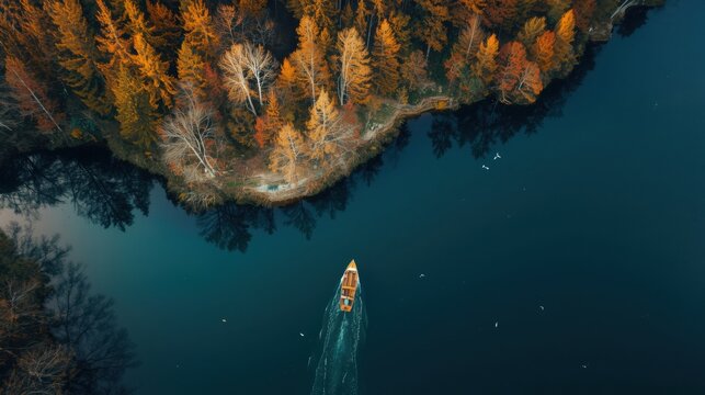 Serene autumn lake with solo kayaker - Powered by Adobe