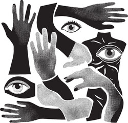 Black and white abstract composition of hands and eyes in halftone dot pattern body parts
