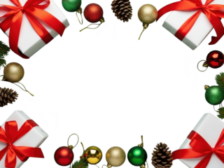 Christmas border frame with gifts and ornaments on transparent background