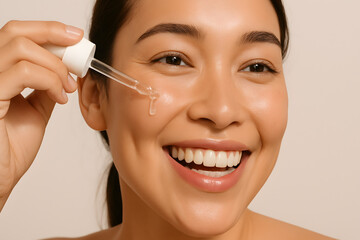 Woman applying facial serum under her eye with a dropper