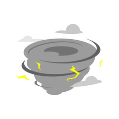 vector illustration of tornado with dark storm clouds and lightning. extreme weather, climate change impacts, severe atmospheric anomalies. natural disaster, global warming, environmental crisis