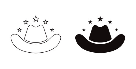 Western cowboy hat icon set with stars | Black silhouette and outline vector illustration of cattleman headwear | Cowboy hat icon isolated | Vector cowboy hat with western stars on white background 