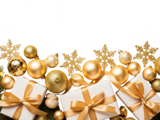 Golden christmas ornaments and gifts on a transparent background with snowflakes and ribbons, festive holiday decoration