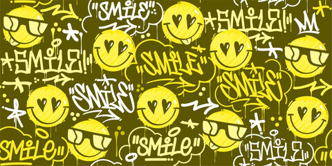 Seamless Abstract Street Art Graffiti Style Happy Smiling Faces Vector Background