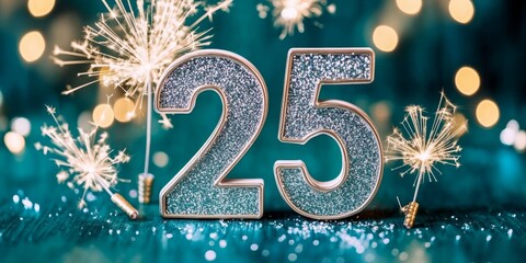 Sparkling Celebration for 25th Anniversary with Silver Number Figurines on Turquoise Background