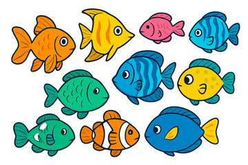 Cute cartoon fish swimming in a colorful aquarium