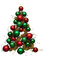 Christmas tree made of red and green baubles and gold tinsel isolated on transparent background