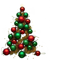 Christmas tree made of red and green baubles and gold tinsel isolated on transparent background