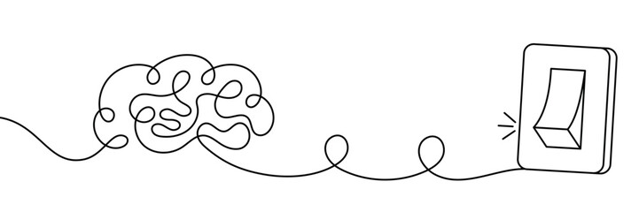 Human brain connected to light switch symbolizing thought control pause mindfulness mental reset focus management psychology therapy concept in black line art style
