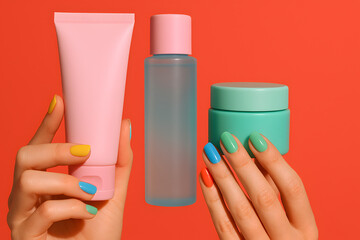 Hands holding colorful cosmetic products on vibrant orange background