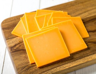 Slices of cheddar cheese on wooden cutting board