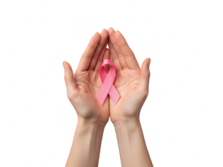 Hands holding a pink breast cancer awareness ribbon isolated on transparent background