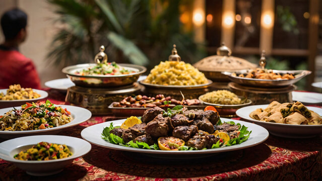 "Traditional Eid halal food platter with assorted Middle Eastern appetizers"
