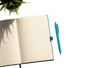 A blue pen and notebook on a white surface with a plant shadow on the notebook pages isolated on transparent background