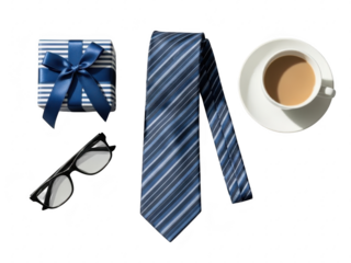 A neatly arranged still life with a blue striped tie, a wrapped gift with a blue bow, black glasses, and a cup of coffee on a transparent background