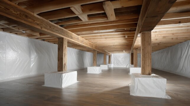 Clean and Dry Crawl Space with White Vapor Barrier Encapsulation and Wood Beams