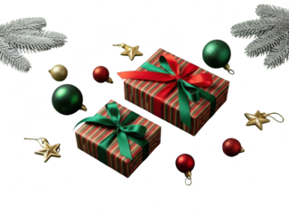 Christmas presents with green and red ribbons surrounded by ornaments and stars on transparent background
