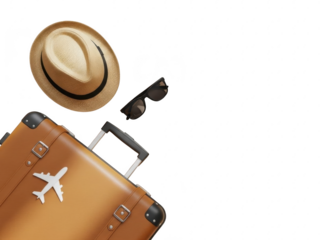 Travel accessories with a suitcase hat and sunglasses on a transparent background for vacation