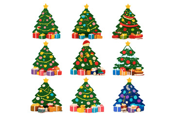 Fototapeta premium Collection of nine decorated Christmas trees with presents