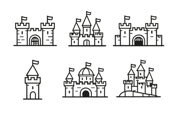 Fototapeta premium Collection of stylized castle icons in outline style on a gradient background