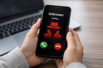 Phone screen showing a phishing scam call from an unknown number. Concept of digital fraud, cybercrime, identity theft, mobile security alert, and online privacy protection.