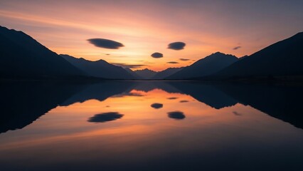 Dramatic sunset over a tranquil mountain lake with stunning reflections.
