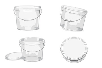 Four angles of a clear plastic bucket with a white lid and handle © icon_art