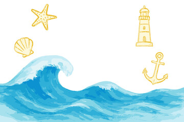 Nautical themed watercolor illustration with waves, starfish, shell, lighthouse, and anchor © Alan