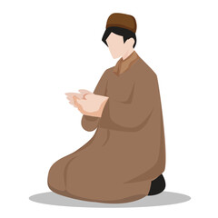A Muslim man praying kneeling on prayer 