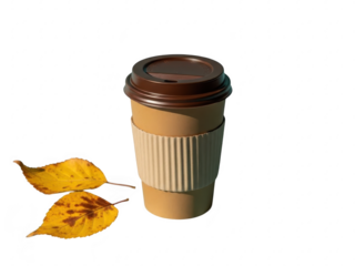 Brown paper coffee cup with yellow leaves on isolated transparent background for autumn