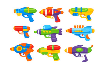 Fototapeta premium Collection of colorful cartoon water guns glowing with light