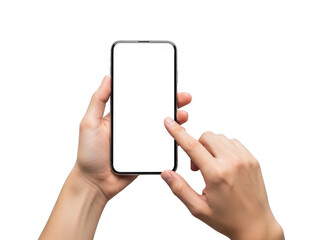 Hands holding a blank smartphone screen isolated on transparent background for mockup