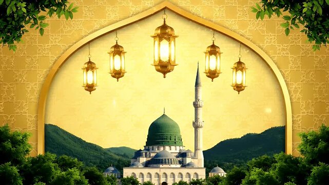 Islamic green dome mosque with lantern in a golden arch.