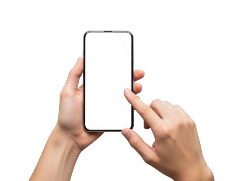 Hands holding a blank smartphone screen isolated on transparent background for mockup - Powered by Adobe