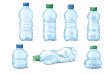 Six plastic water bottles, one crushed
