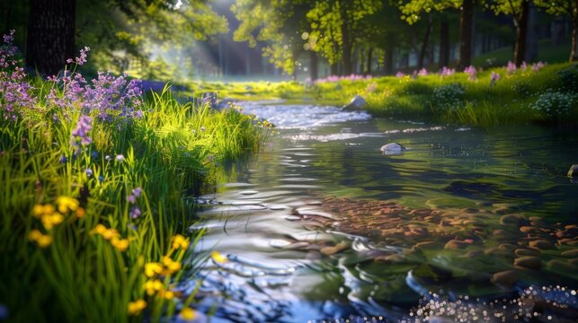 Crystal Clear Woodland Brook Flowing Through a Spring Meadow with Yellow and Purple Flowers