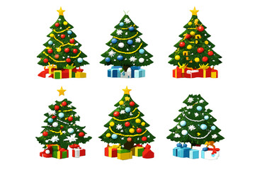 Six festive Christmas trees decorated with ornaments and gifts