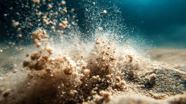 Fine sand grains exploding underwater, the dynamic movement of the ocean floor and natural background texture
