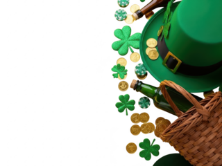 St patricks day hat and shamrock with gold coins isolated on transparent background